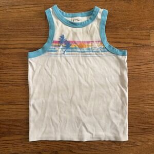 Art Class Girls Size L 10/12  High Neck Ribbed Tank White Teal Sunset Graphic